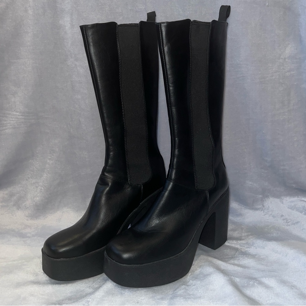 Black Platform Knee-High Boots - Unbranded